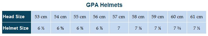 Sizing Chart for GPA First Lady Concept Helmet