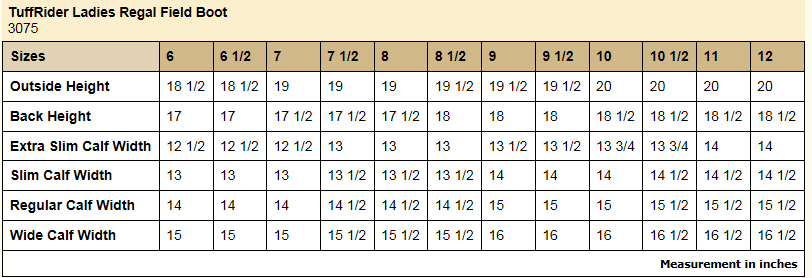 Sizing Chart for Tuff Rider Regal Field Boot