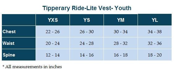 Sizing Chart for Tipperary Ride-Lite Youth Vest