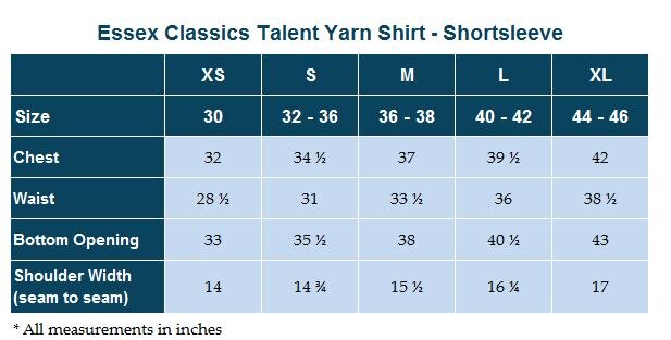 Sizing Chart for Essex Classics Talent Yarn Shirt - Shortsleeve
