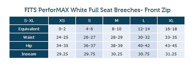 Fits Performax Full Seat Breeches Front Zip Sizing Chart