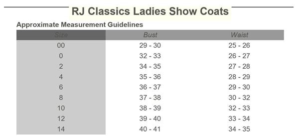 Sizing Chart for RJ Classics Monterey Orange Label Show Coat - Clearance!