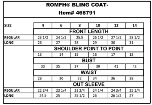 Sizing Chart for Romfh Silk Shell Bling Shadbelly