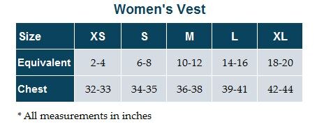 Sizing Chart for Women's Radius Quilt Vest